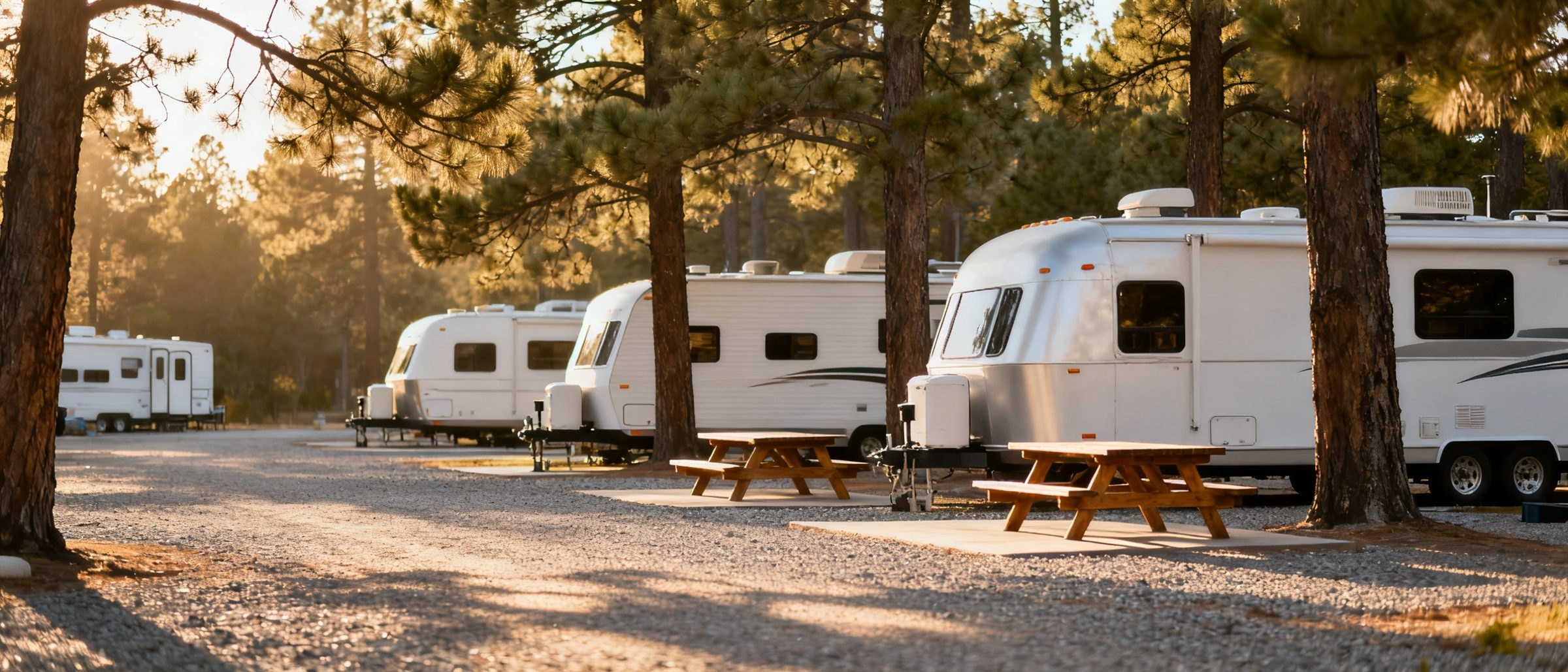 A row of RVs and trailers at a campground under tall pines in soft evening light